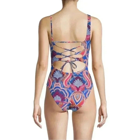 BCBGMAXAZRIA One Piece Swimsuit Asymmetrical Lace Up Back Swimsuit NWT Size 14 - Picture 2 of 11